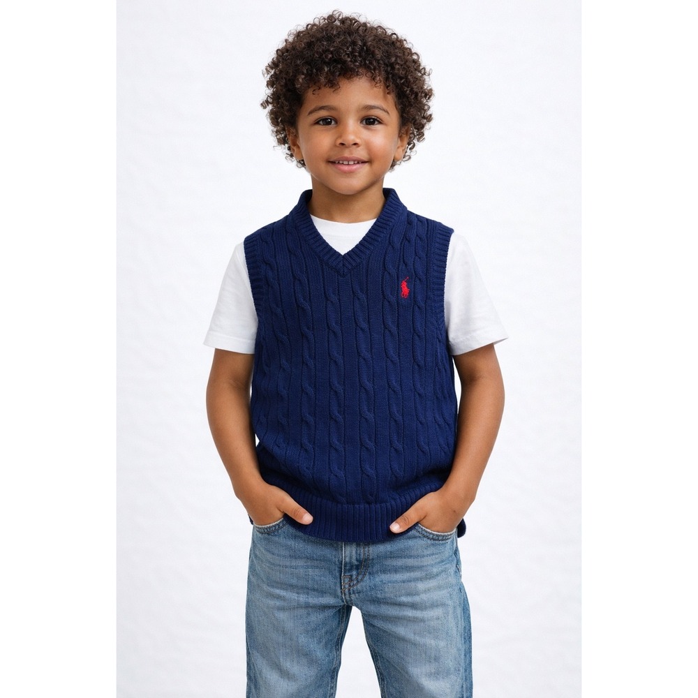 Polo Ralph Lauren Cable Knit Vest Boys M 12 Navy Blue V-Neck Preppy Old Money